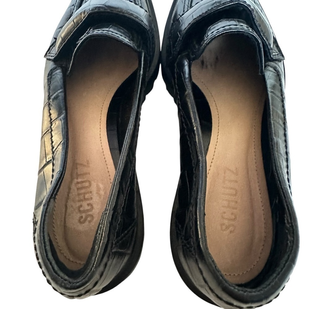SCHUTZ Black Croc-Embossed Leather Penny Loafers - Picture 10 of 11